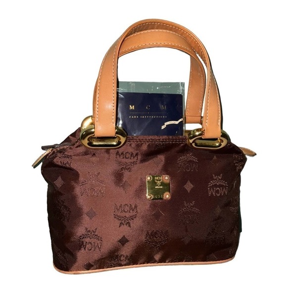 MCM Brown Visetos Small Nylon with Tan Leather Trim Handmade Handbag Tote - Picture 1 of 16